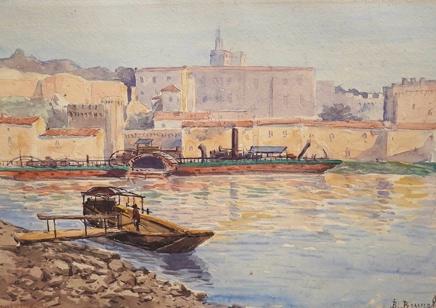 B. Bunell, watercolour, Continental harbour view, signed, mounted, 26 x 35cm, unframed. Condition - poor